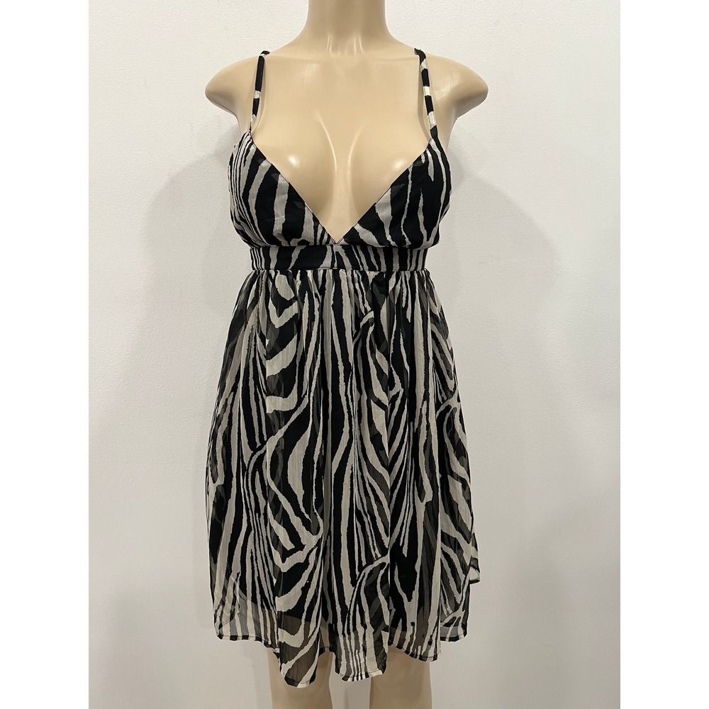H&M dress Womens Mini Dress Black White Zebra Print V Neck Spaghetti Strap SZ 6